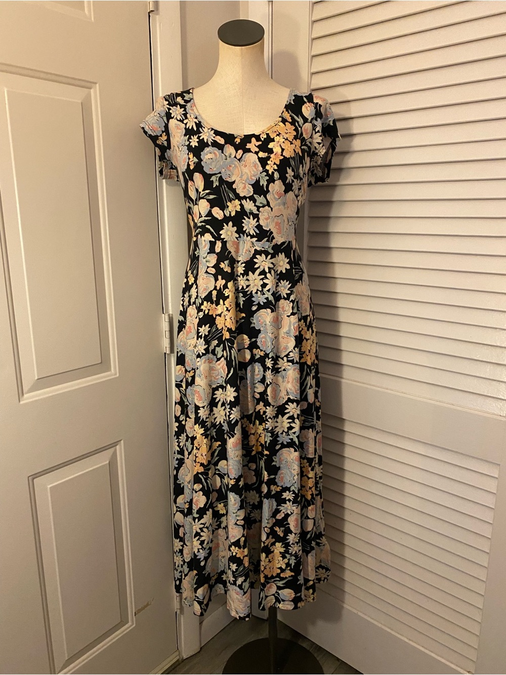 Chaps Black Floral Maxi Dress with Pastel Blooms- Size Large